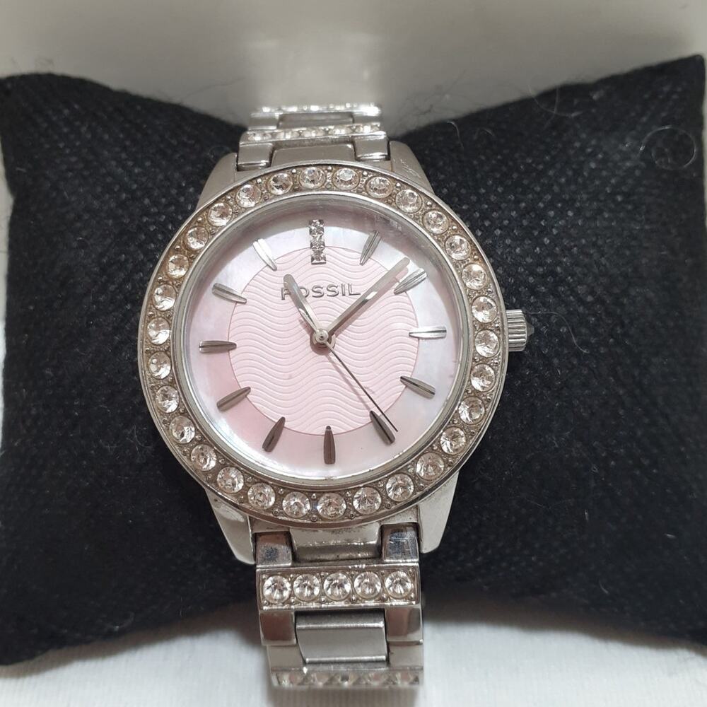 Fossil Ladies Wristwatch Rhinestone Bezel Pink MOP Dial